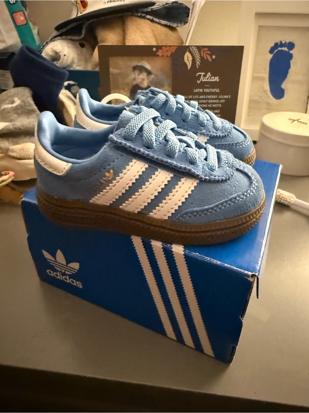 adidas Light Blue Suede Kids Sneakers with White Stripes